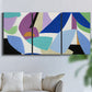 Three-panel canvas wall art featuring colorful abstract homage to modernism, displayed in a living room above a sofa.