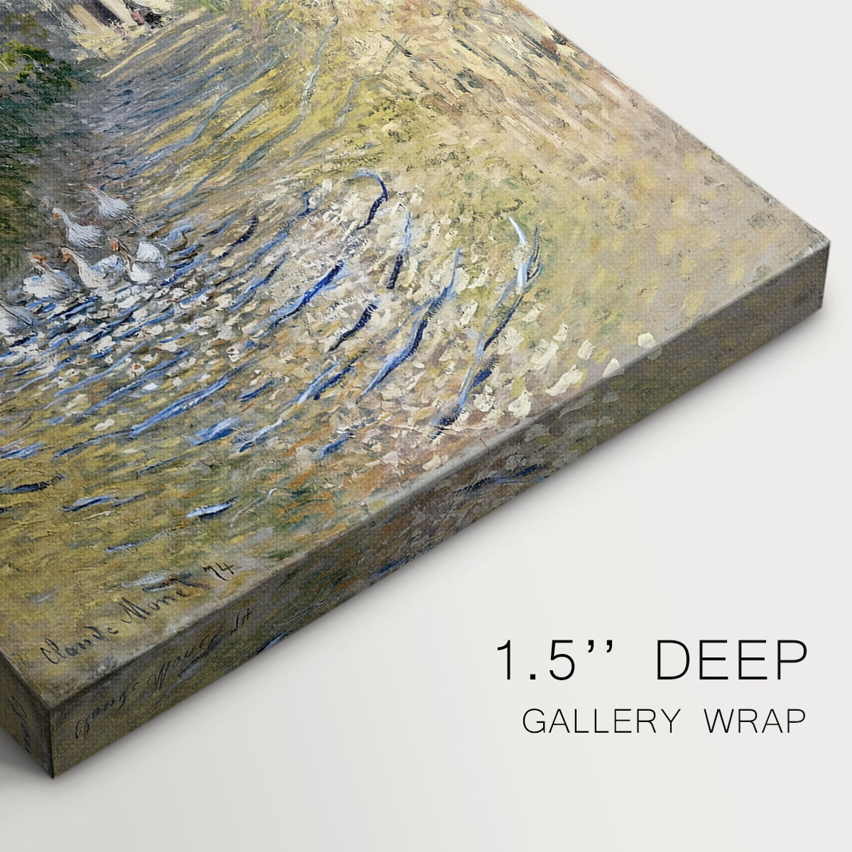 Close-up of a gallery-wrapped canvas corner showing a quiet landscape with geese and soft brushwork, highlighting texture and print detail.