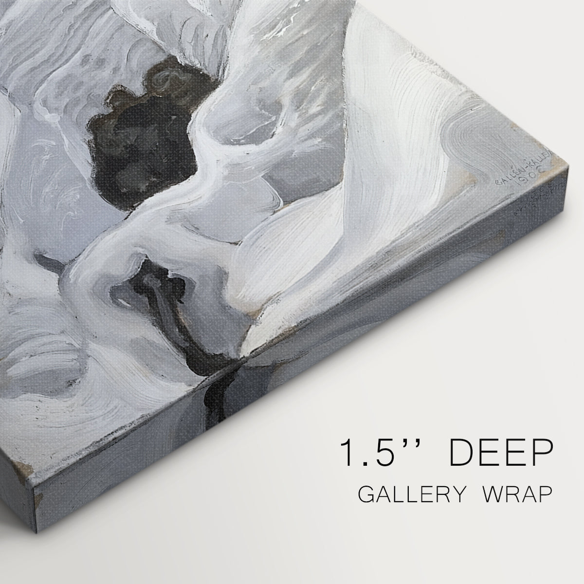 Close-up of a gallery-wrapped canvas corner showing a quiet winter terrain with rocky outcrops and deep layered snow, highlighting texture and print detail.