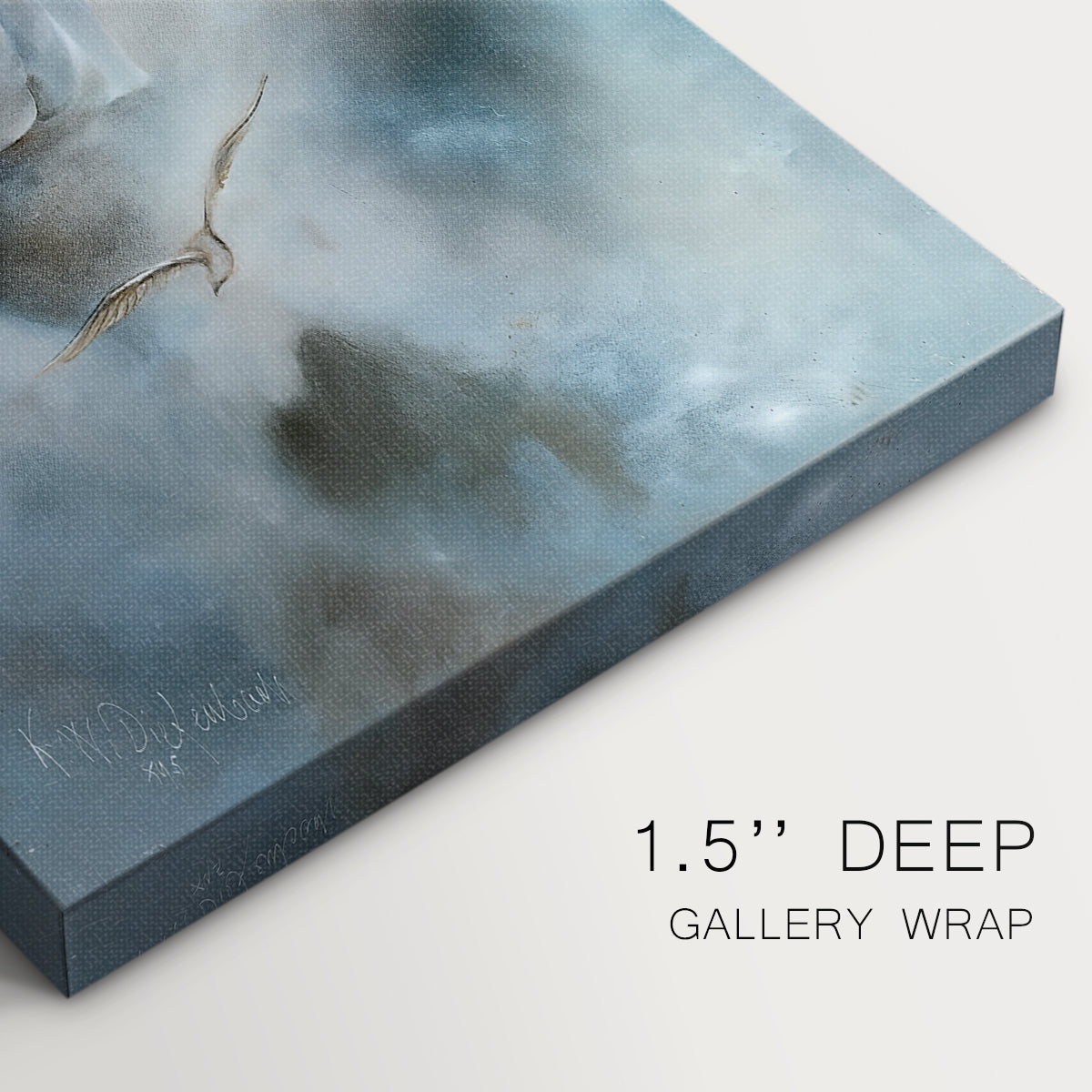 Close-up of a gallery-wrapped canvas corner showing a mystical image with gentle tones and upward gaze, highlighting texture and print detail.