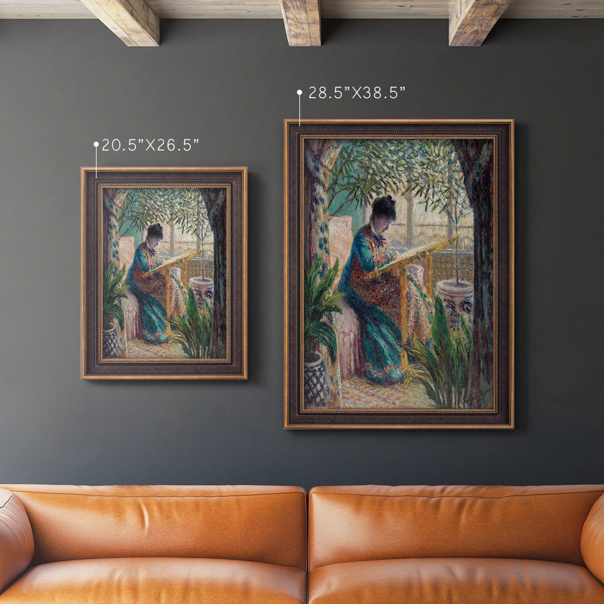 Impressionist portrait of Madame Monet sewing by Claude Monet in an ornate bronzed mahogany wood frame shown in multiple vertical size options.