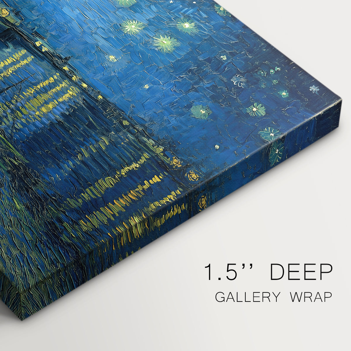 Canvas art print of a night scene with glowing stars reflected in river beside illuminated town, highlighting texture and gallery-wrapped edges