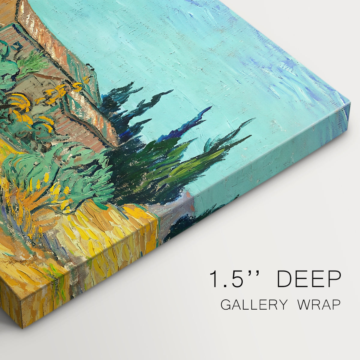 Canvas art print of rustic sheds surrounded by olive trees and tall cypresses in rural landscape, highlighting texture and gallery-wrapped edges