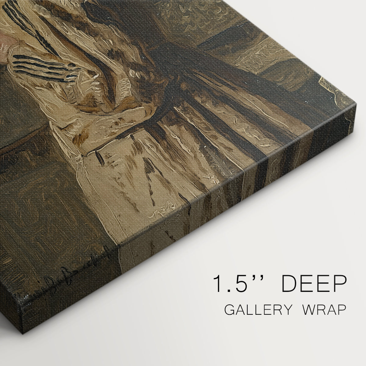 Close-up of a gallery-wrapped canvas corner showing a peaceful composition with soft shadows, highlighting texture and print detail.
