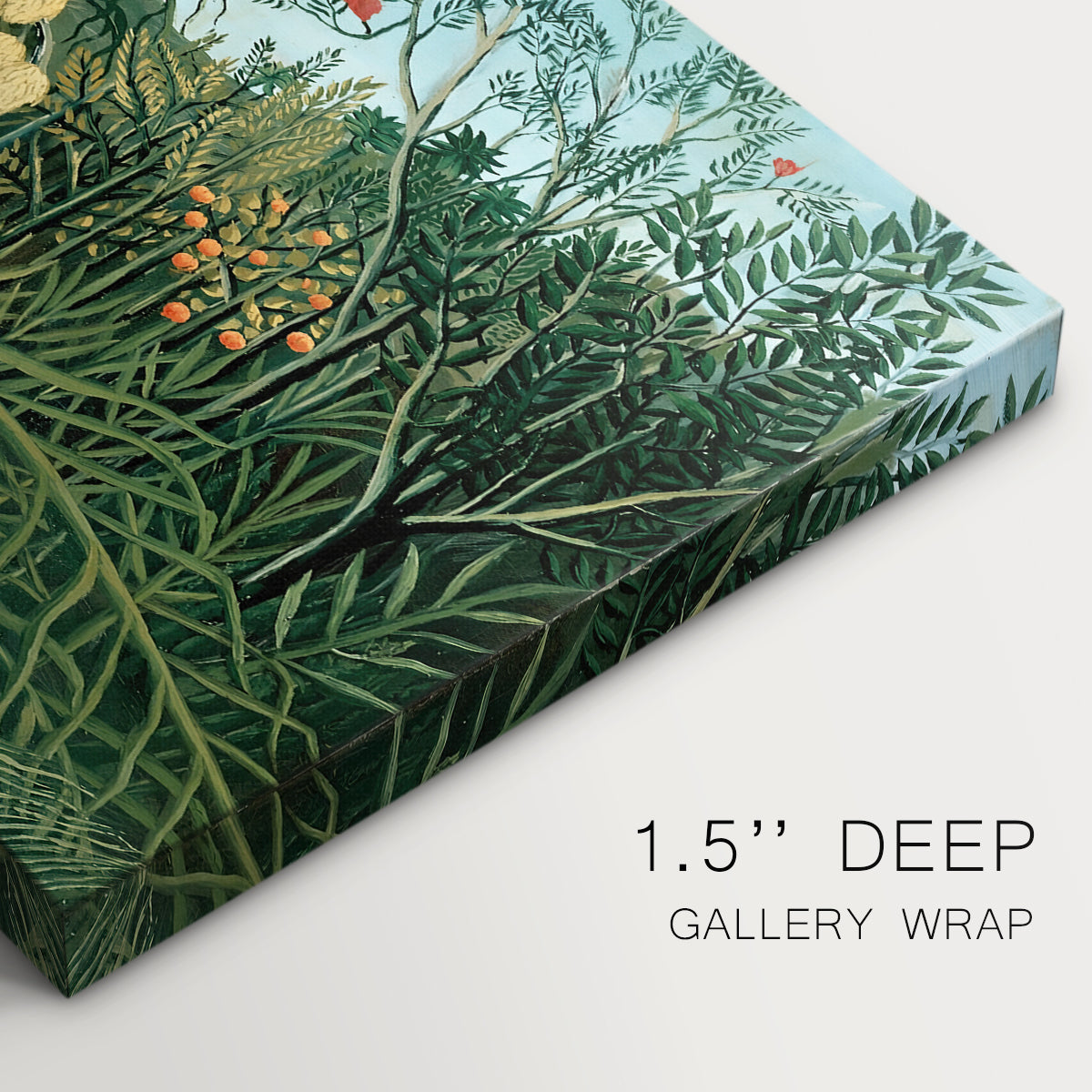 Canvas art print of a tiger attacking buffalo in dense jungle filled with foliage, highlighting texture and gallery-wrapped edges
