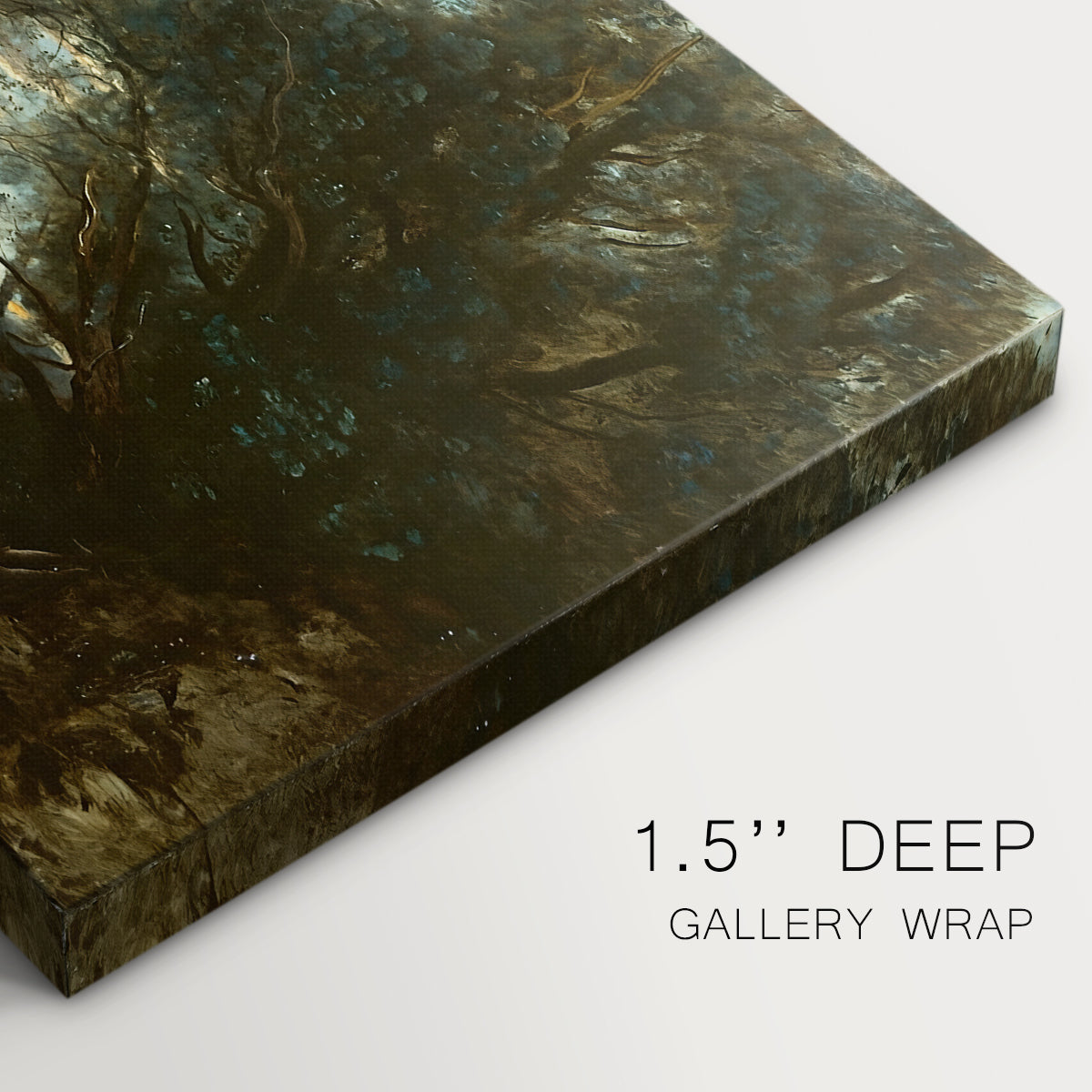 Canvas art print of a lake landscape surrounded by trees and distant hills under soft sky, highlighting texture and gallery-wrapped edges