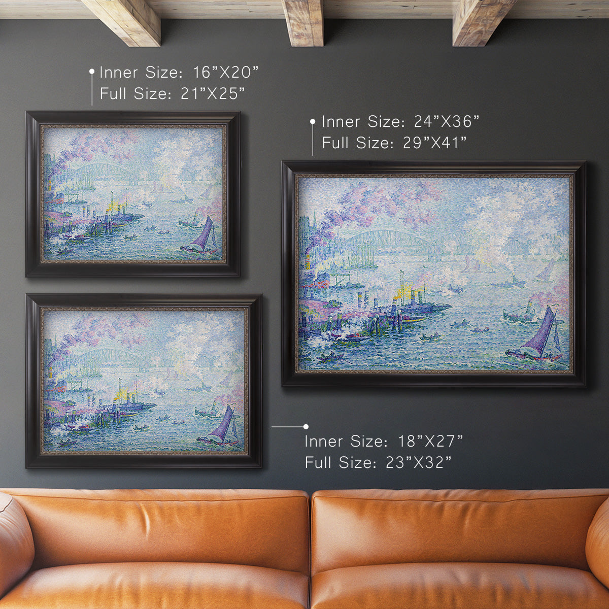 Impressionist industrial harbor scene by Paul Signac in an ornate black frame with gilded inner detail shown in multiple size options.