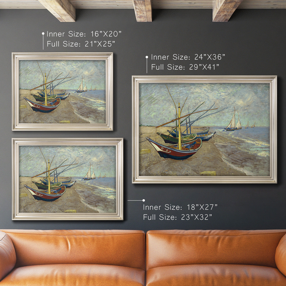 Impressionist coastal fishing boats scene by Vincent van Gogh in an ornate champagne frame shown in multiple size options.