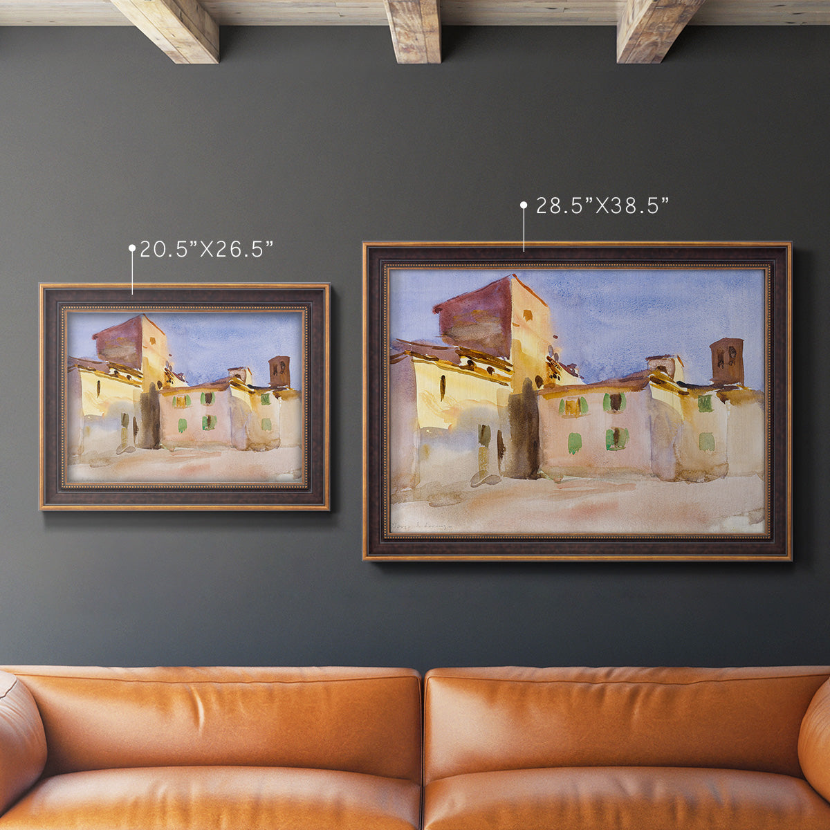 Impressionist Italian village scene by John Singer Sargent in an ornate bronzed mahogany wood frame shown in multiple size options.