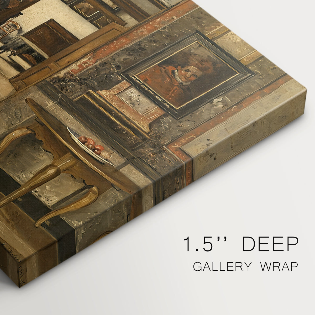 Canvas art print of a long interior hallway with figure standing in structured architectural space, highlighting texture and gallery-wrapped edges