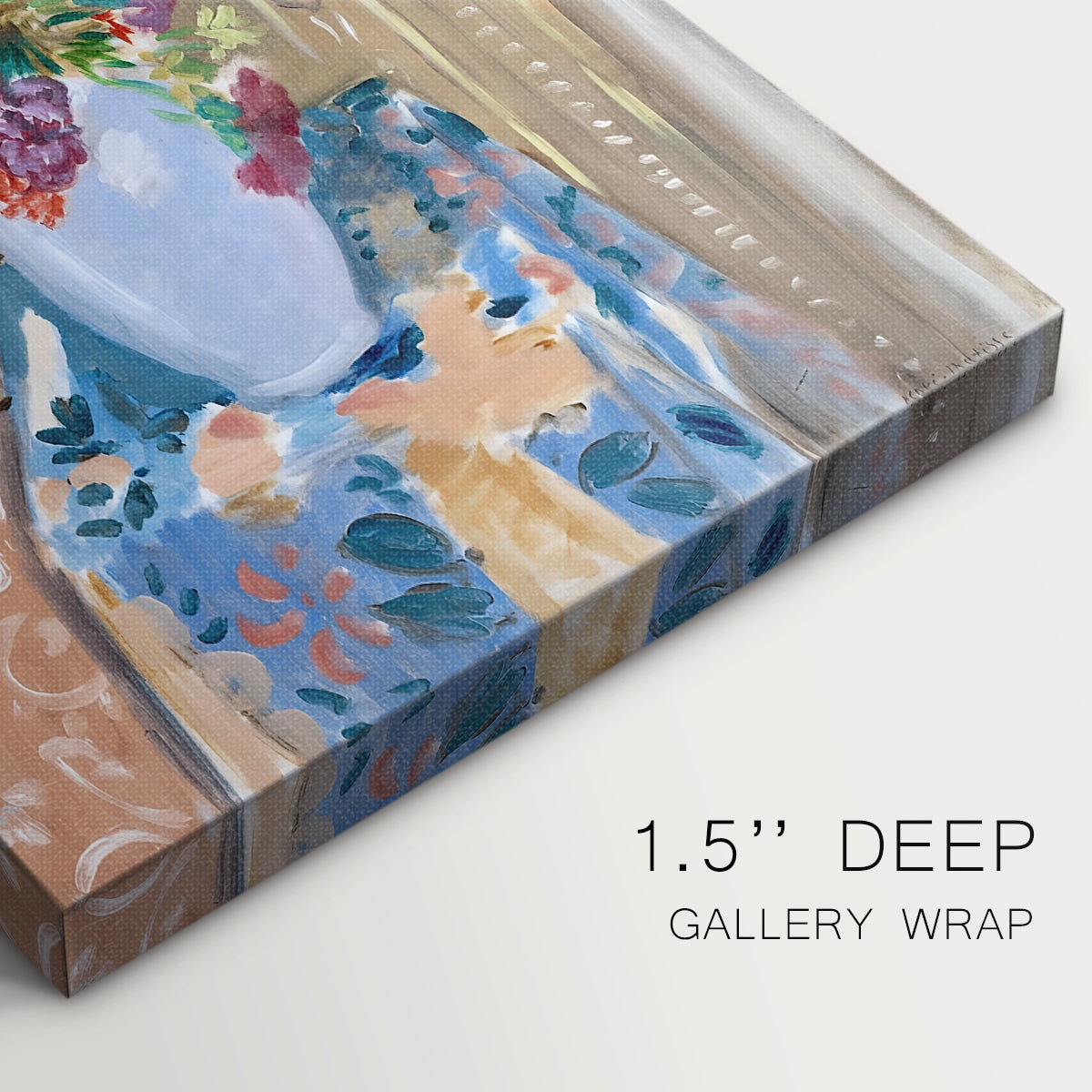 Close-up of a gallery-wrapped canvas corner showing a vivid setup with flowers and framed artwork, highlighting texture and print detail.