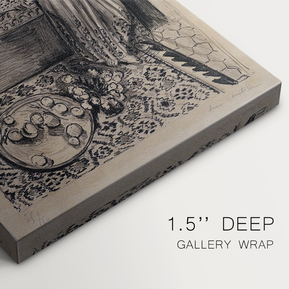 Close-up of a gallery-wrapped canvas corner showing a patterned interior scene with a standing figure, highlighting texture and print detail.