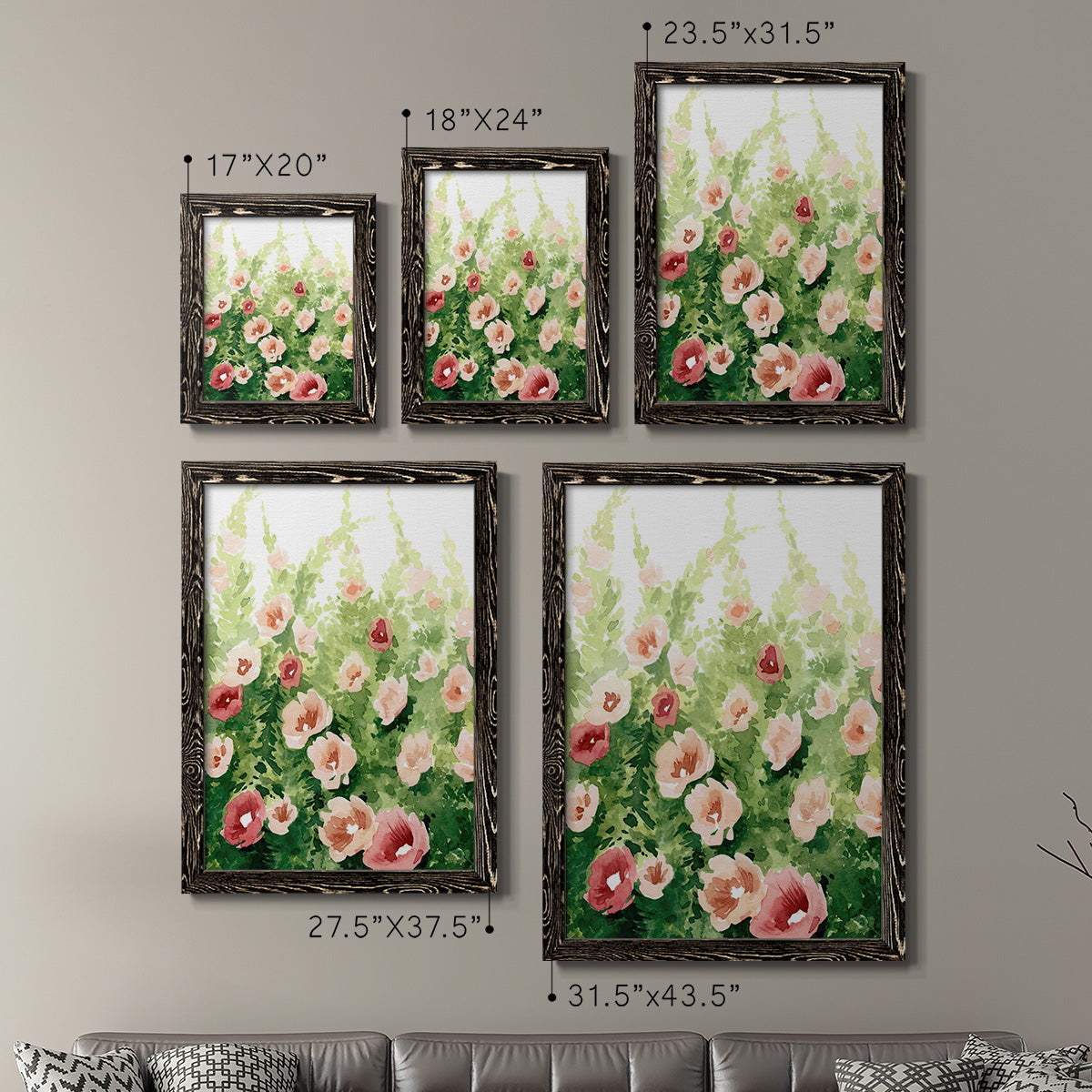 Size comparison chart for a set of two black barnwood framed canvas prints.