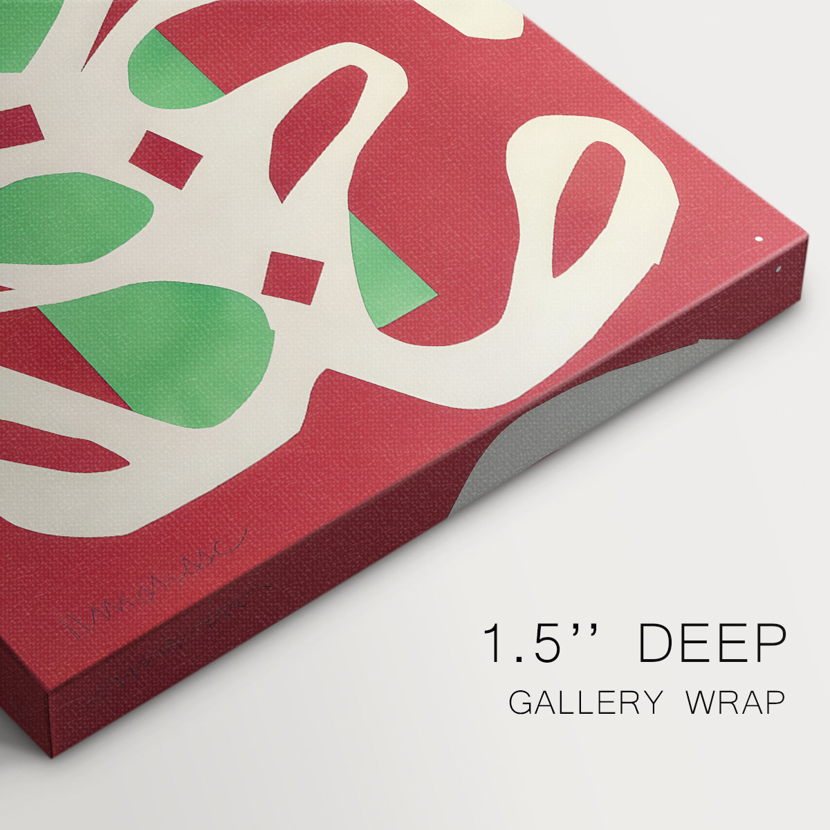 Close-up of a gallery-wrapped canvas corner showing an expressive pattern with organic curves and flat color, highlighting texture and print detail.