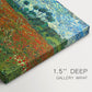 Canvas art print of a field dotted with red poppies stretching across green landscape, highlighting texture and gallery-wrapped edges