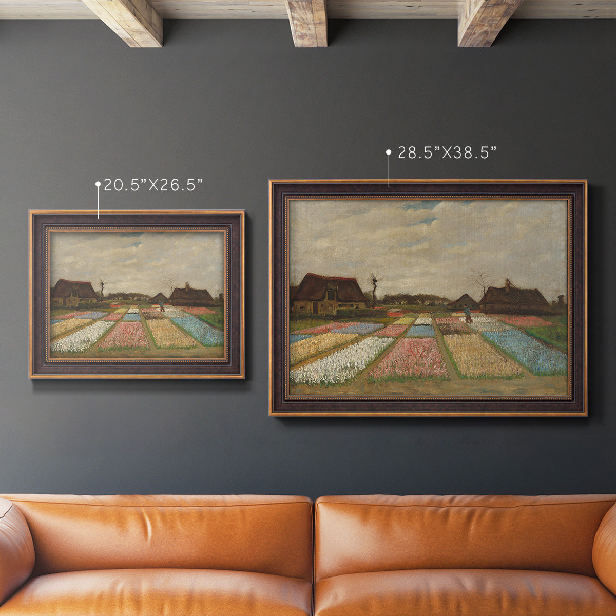 Impressionist Dutch bulb field landscape by Vincent van Gogh in an ornate bronzed mahogany wood frame shown in multiple size options.