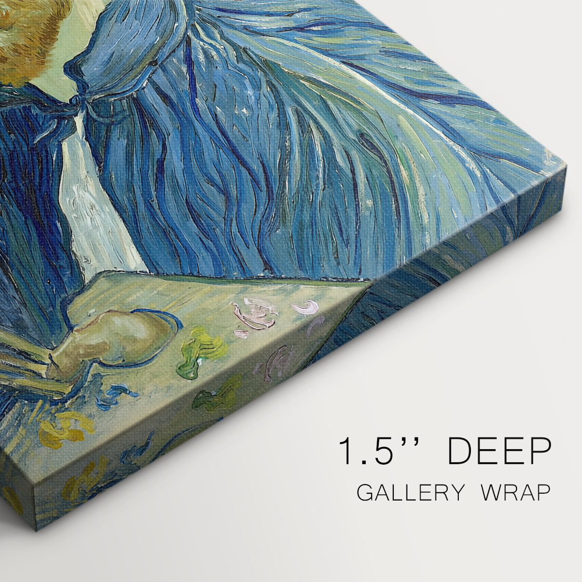 Close-up of a gallery-wrapped canvas corner showing a dynamic portrait with layered color and movement, highlighting texture and print detail.