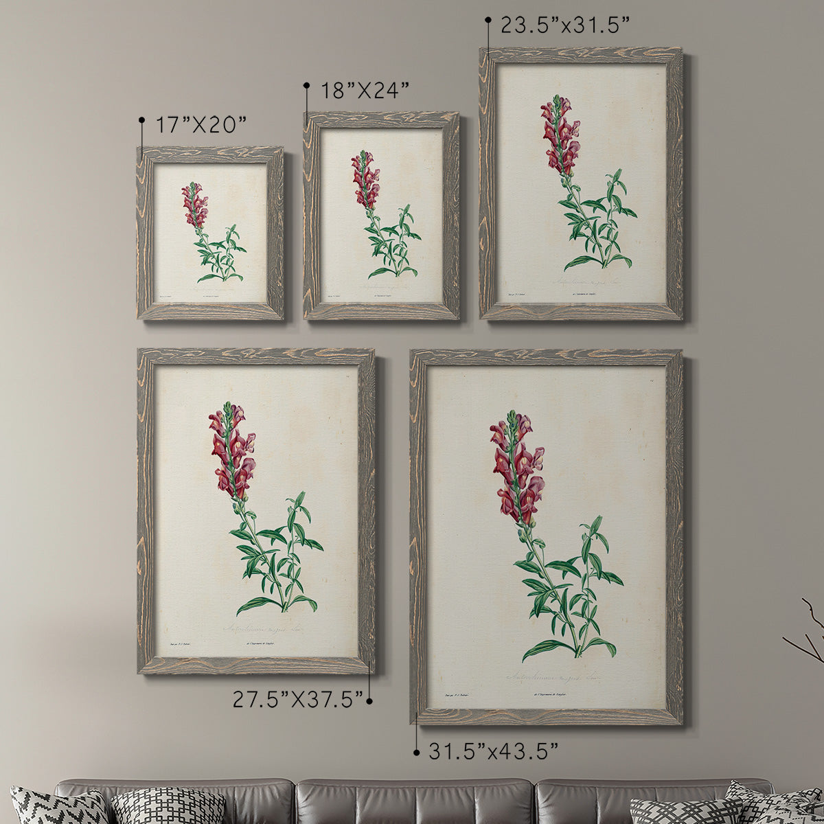 Size comparison chart for a set of two gray barnwood framed canvas prints.