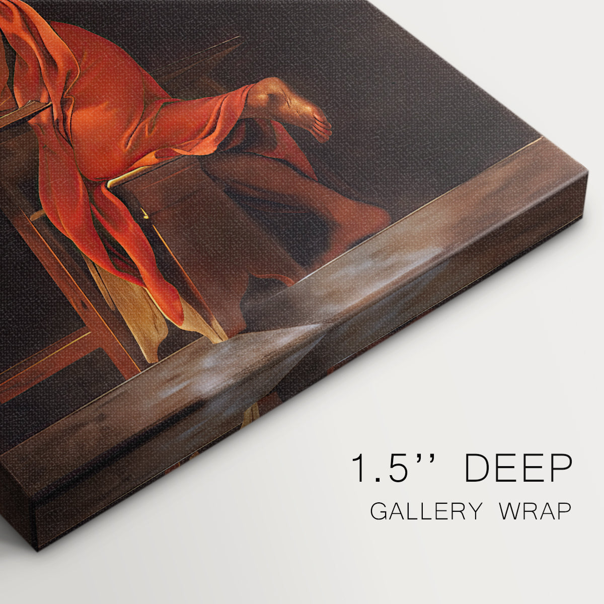 Close-up of a gallery-wrapped canvas corner showing a powerful moment of inspiration with rich shadows and highlights, highlighting texture and print detail.