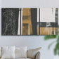 Three-panel canvas wall art featuring industrial mid century abstract glitch, displayed in a living room above a sofa.