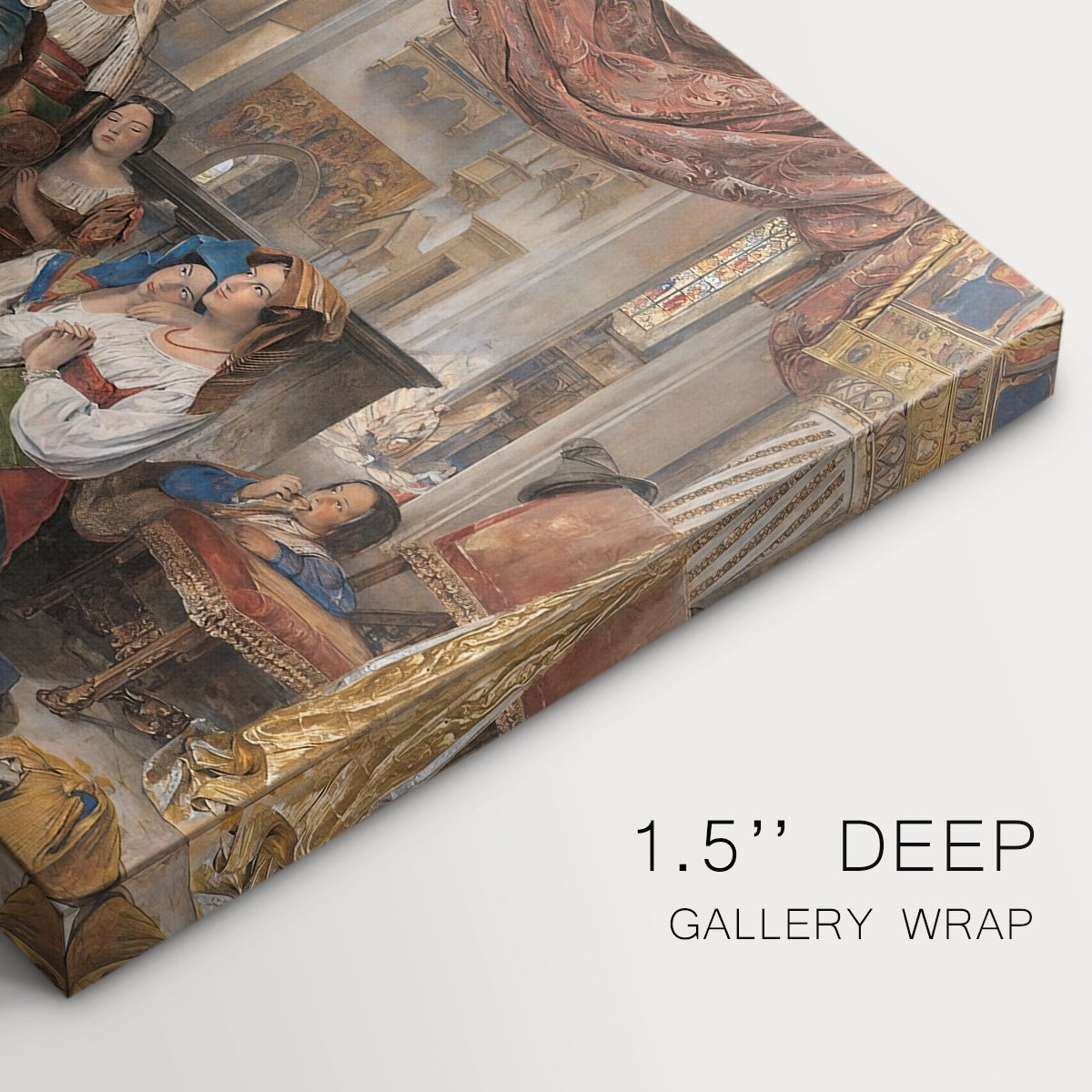 Canvas art print of a group of figures gathered outdoors in travel or religious setting, highlighting texture and gallery-wrapped edges