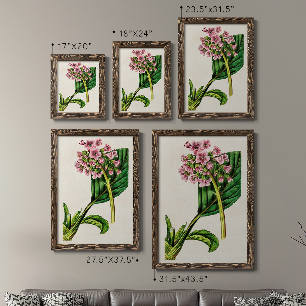 Size comparison chart for a set of two walnut barnwood framed canvas prints.