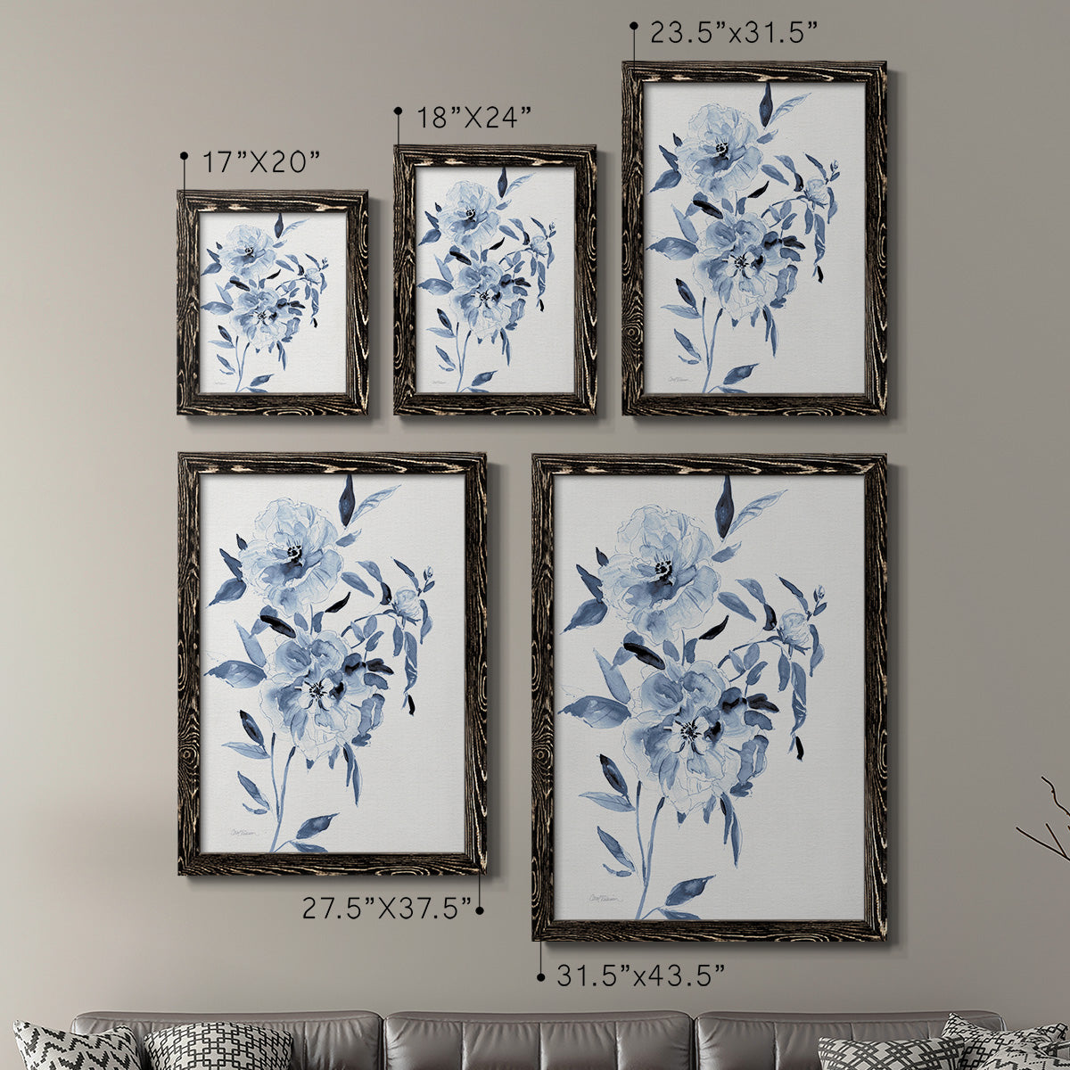 Size comparison chart for a set of two black barnwood framed canvas prints.