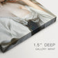 Close-up of a gallery-wrapped canvas corner showing a calm portrait with ocean-inspired atmosphere, highlighting texture and print detail.