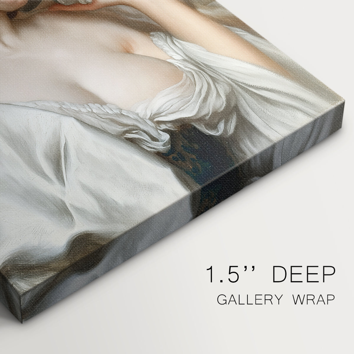 Close-up of a gallery-wrapped canvas corner showing a calm portrait with ocean-inspired atmosphere, highlighting texture and print detail.