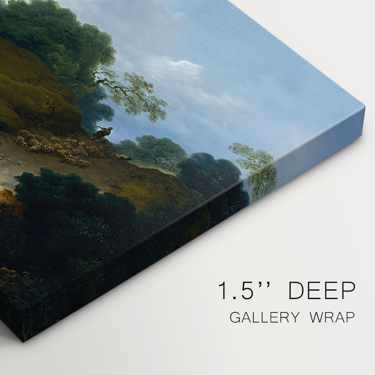 Canvas art print of shepherds tending flock of sheep in open pastoral landscape, highlighting texture and gallery-wrapped edges