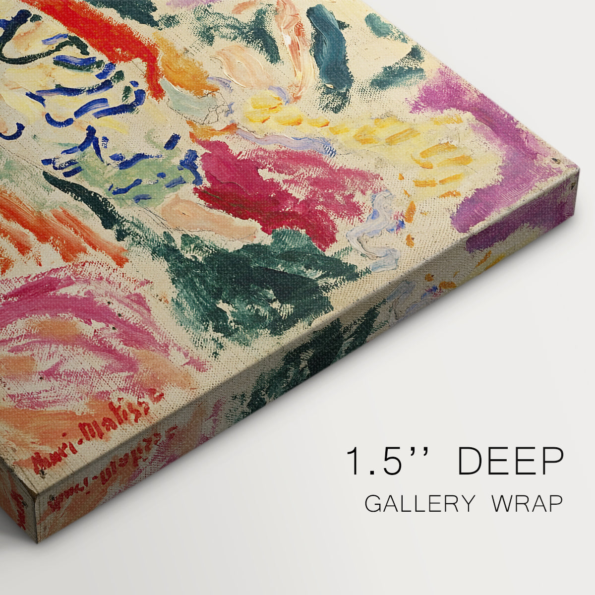 Close-up of a gallery-wrapped canvas corner showing a modern scene with figure and patterned environment, highlighting texture and print detail.