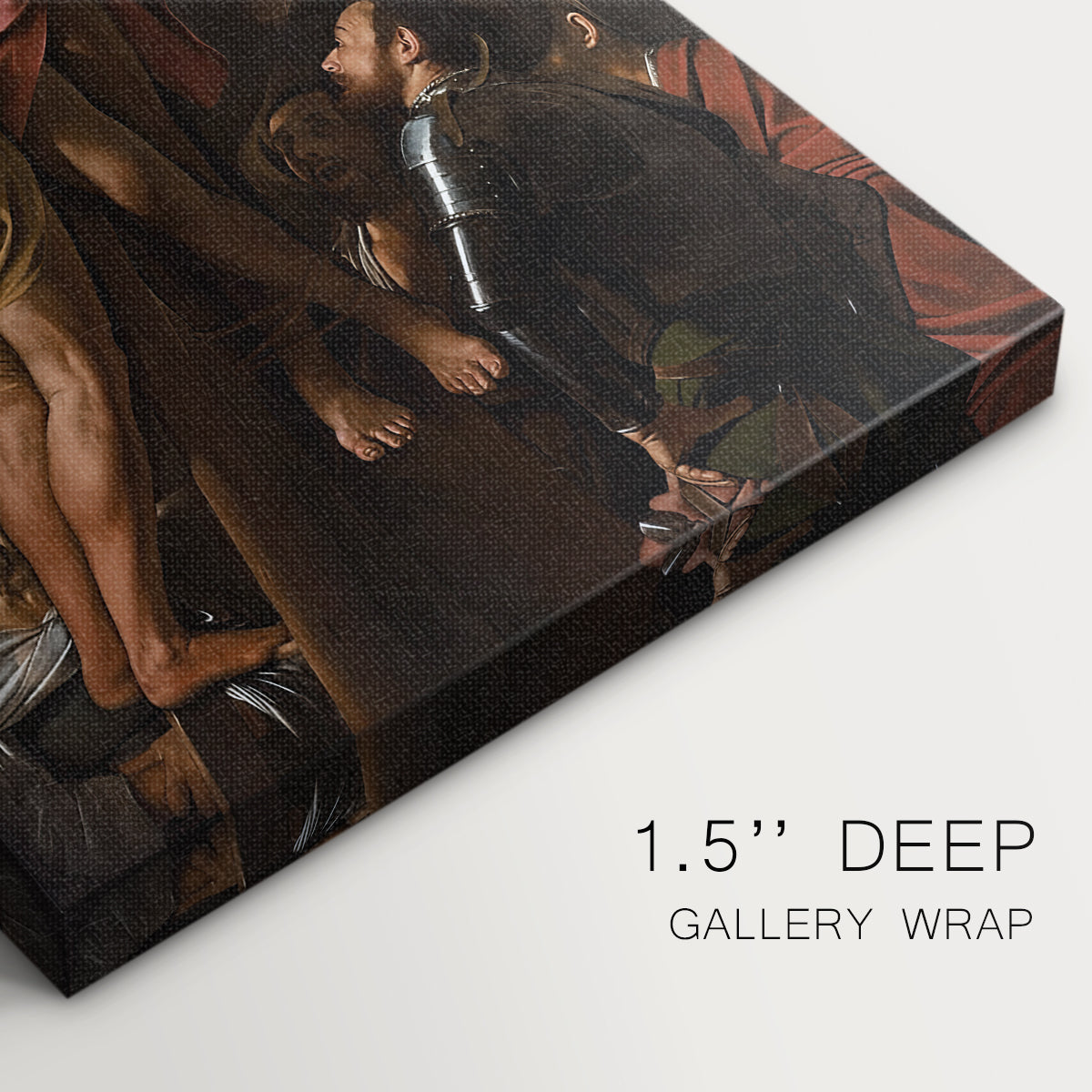 Close-up of a gallery-wrapped canvas corner showing a dark composition with multiple figures and focused lighting, highlighting texture and print detail.