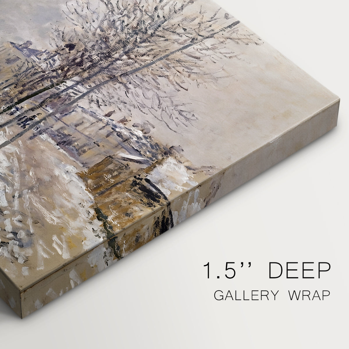 Canvas art print of a snow-covered street lined with trees and buildings under winter sky, highlighting texture and gallery-wrapped edges