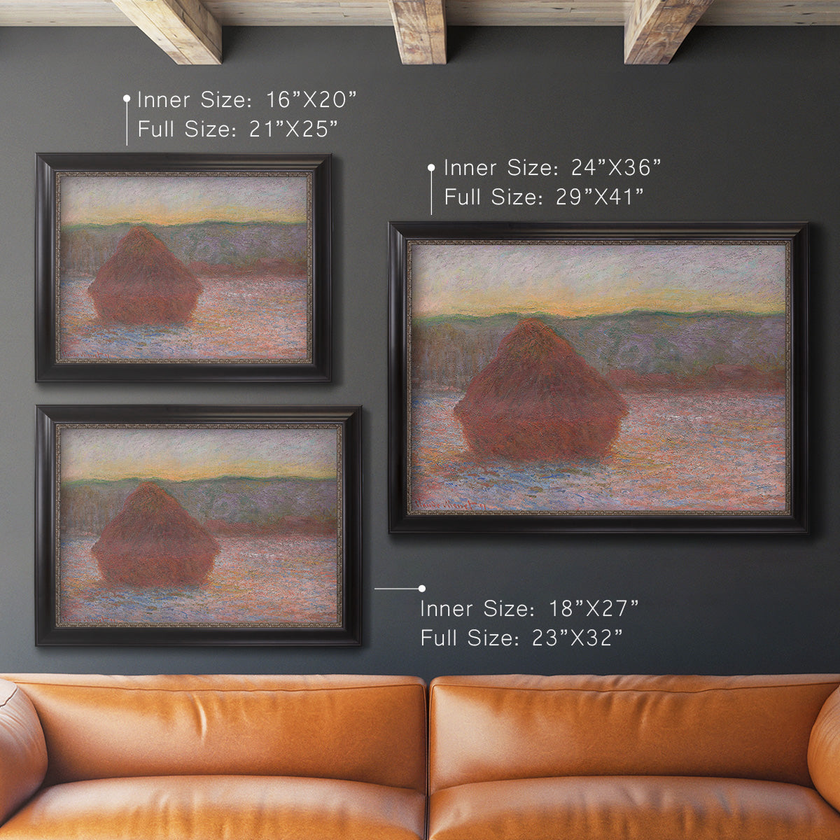 Impressionist haystack sunset scene in winter by Claude Monet in an ornate black frame with gilded inner detail shown in multiple size options.