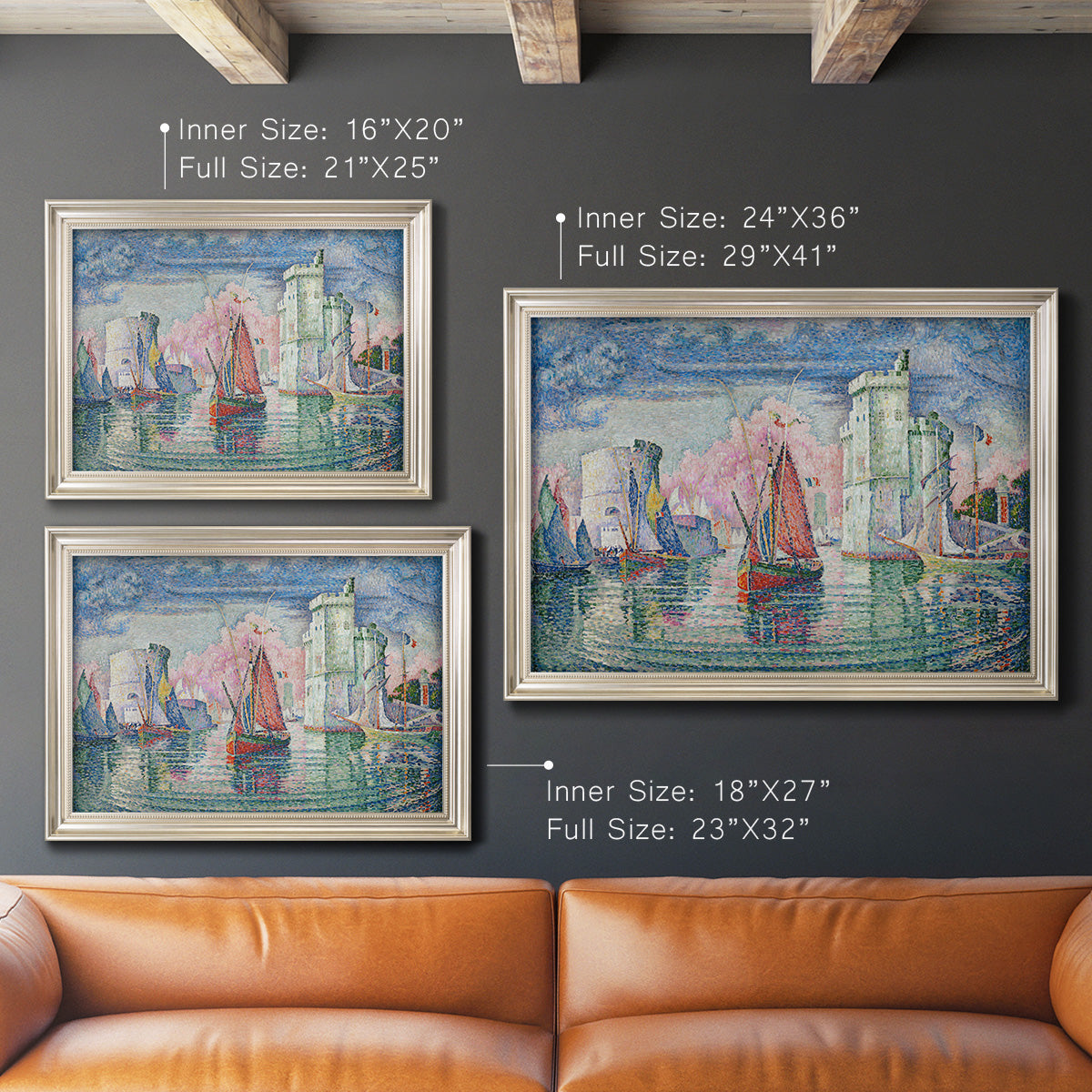 Impressionist harbor scene by Paul Signac in an ornate champagne frame shown in multiple size options.