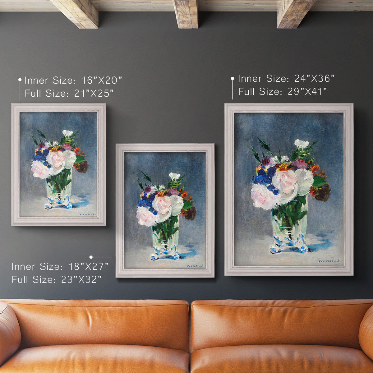 Impressionist floral still life painting by Claude Monet in an ornate weathered white frame shown in multiple vertical size options.