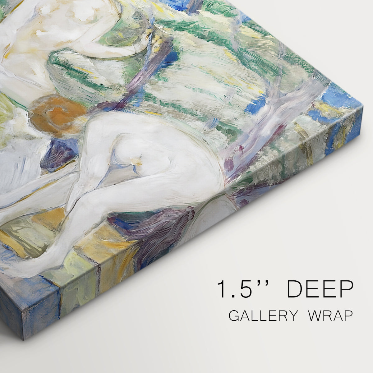 Canvas art print of abstracted figures of women bathing in colorful, fragmented landscape, highlighting texture and gallery-wrapped edges