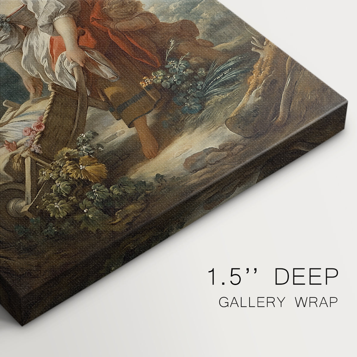 Close-up of a gallery-wrapped canvas corner showing a warm scene with figures and delicate detail, highlighting texture and print detail.