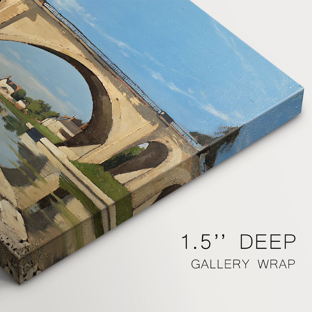 Canvas art print of an arched bridge spanning river with structure reflected in water, highlighting texture and gallery-wrapped edges