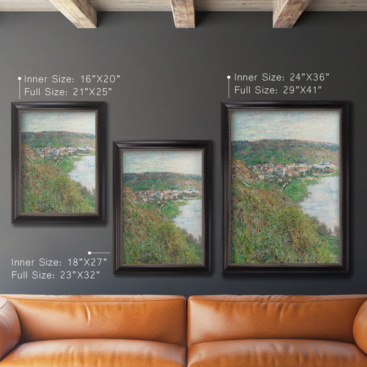 Impressionist landscape view of Vétheuil by Claude Monet in an ornate black frame with gilded inner detail shown in multiple vertical size options.