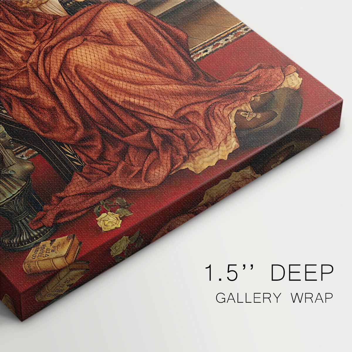 Close-up of a gallery-wrapped canvas corner showing a reflective composition centered on time and stillness, highlighting texture and print detail.