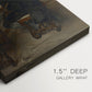 Close-up of a gallery-wrapped canvas corner showing a refined composition with a figure focused on painting, highlighting texture and print detail.