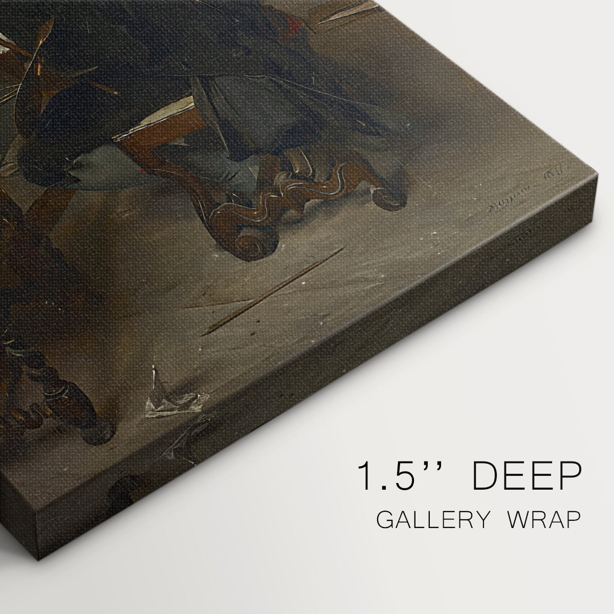 Close-up of a gallery-wrapped canvas corner showing a refined composition with a figure focused on painting, highlighting texture and print detail.