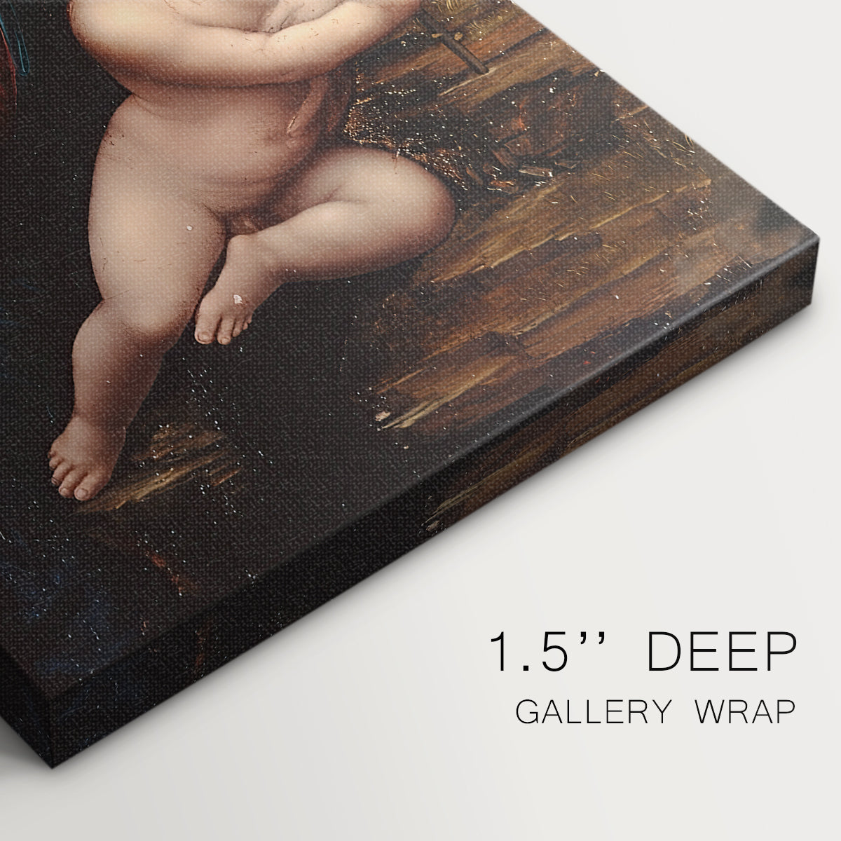 Close-up of a gallery-wrapped canvas corner showing a calm scene with balanced structure and detail, highlighting texture and print detail.