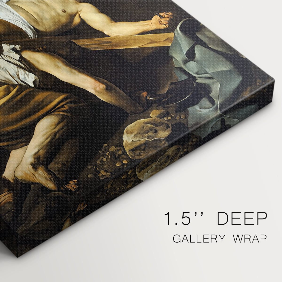 Close-up of a gallery-wrapped canvas corner showing a powerful depiction with focused light and dark tones, highlighting texture and print detail.