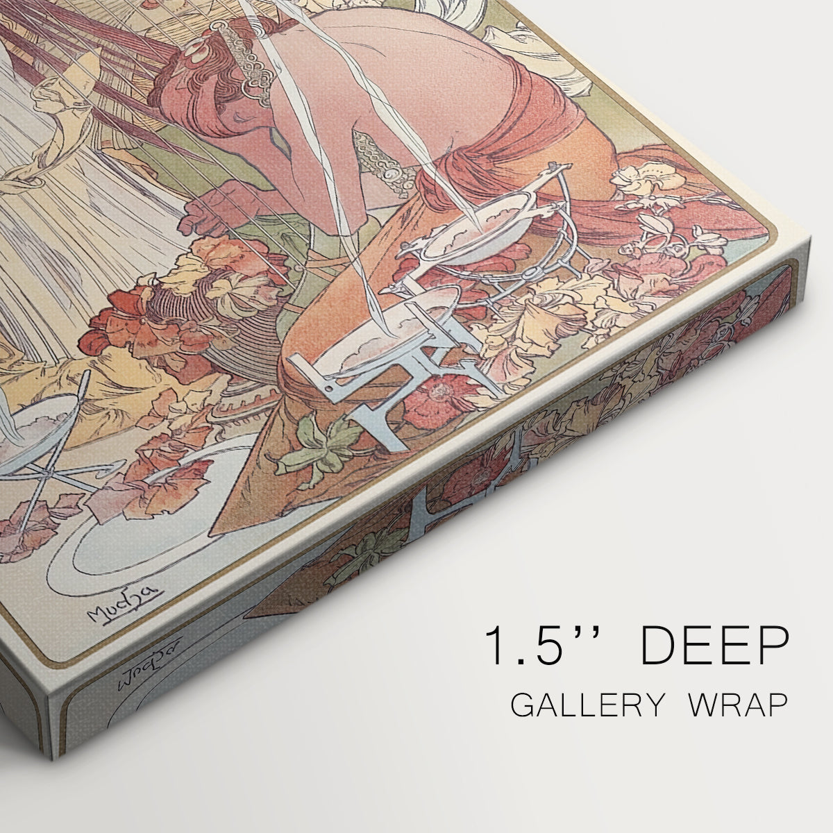 Close-up of a gallery-wrapped canvas corner showing a vintage illustration of a woman in a dramatic ritual pose, highlighting texture and print detail.