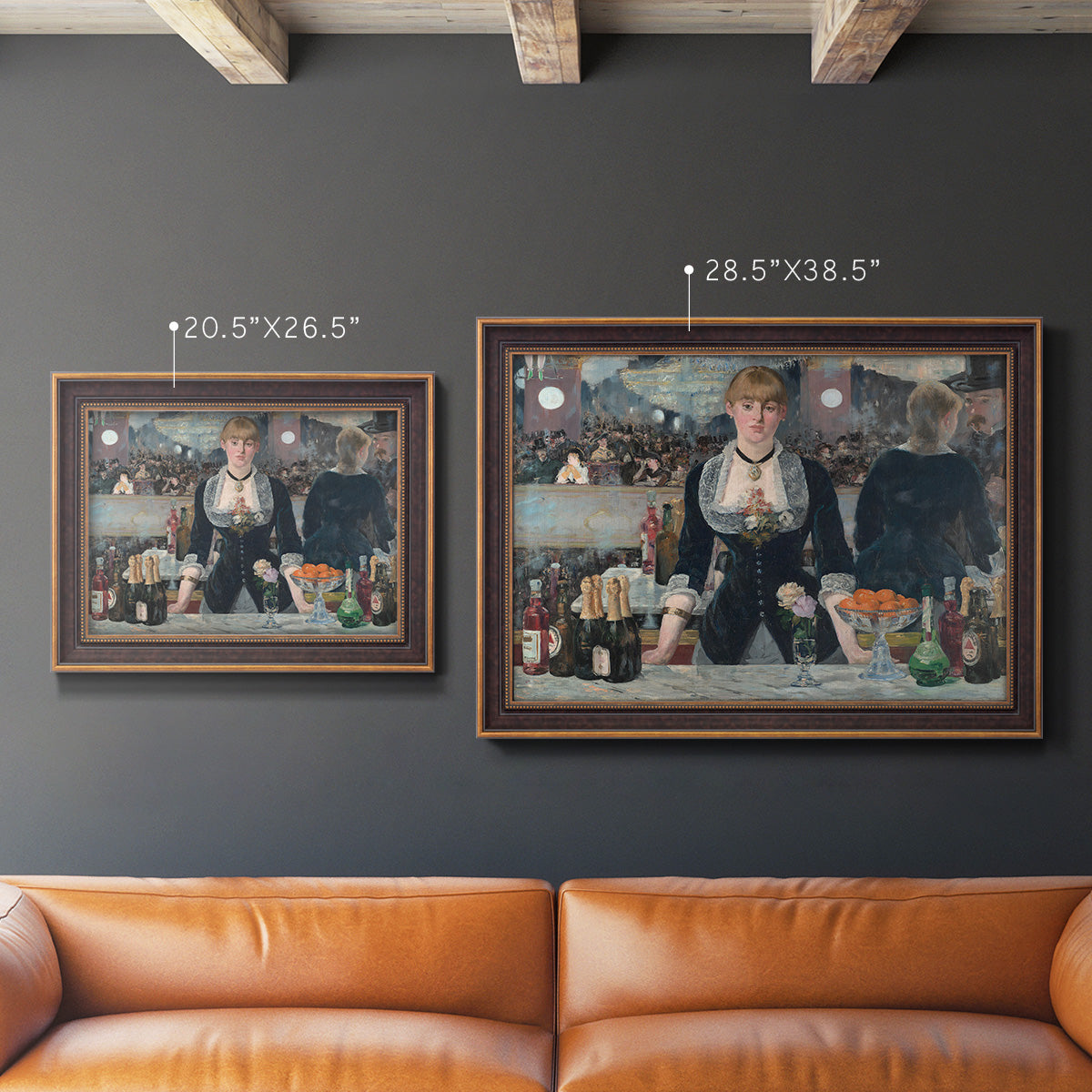 Iconic impressionist café bar scene by Édouard Manet in an ornate bronzed mahogany wood frame shown in multiple size options.