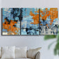 Three-panel canvas wall art featuring mid century abstract playground shapes, displayed in a living room above a sofa.