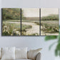 Three-panel canvas wall art featuring narrow path through quiet landscape, displayed in a living room above a sofa.