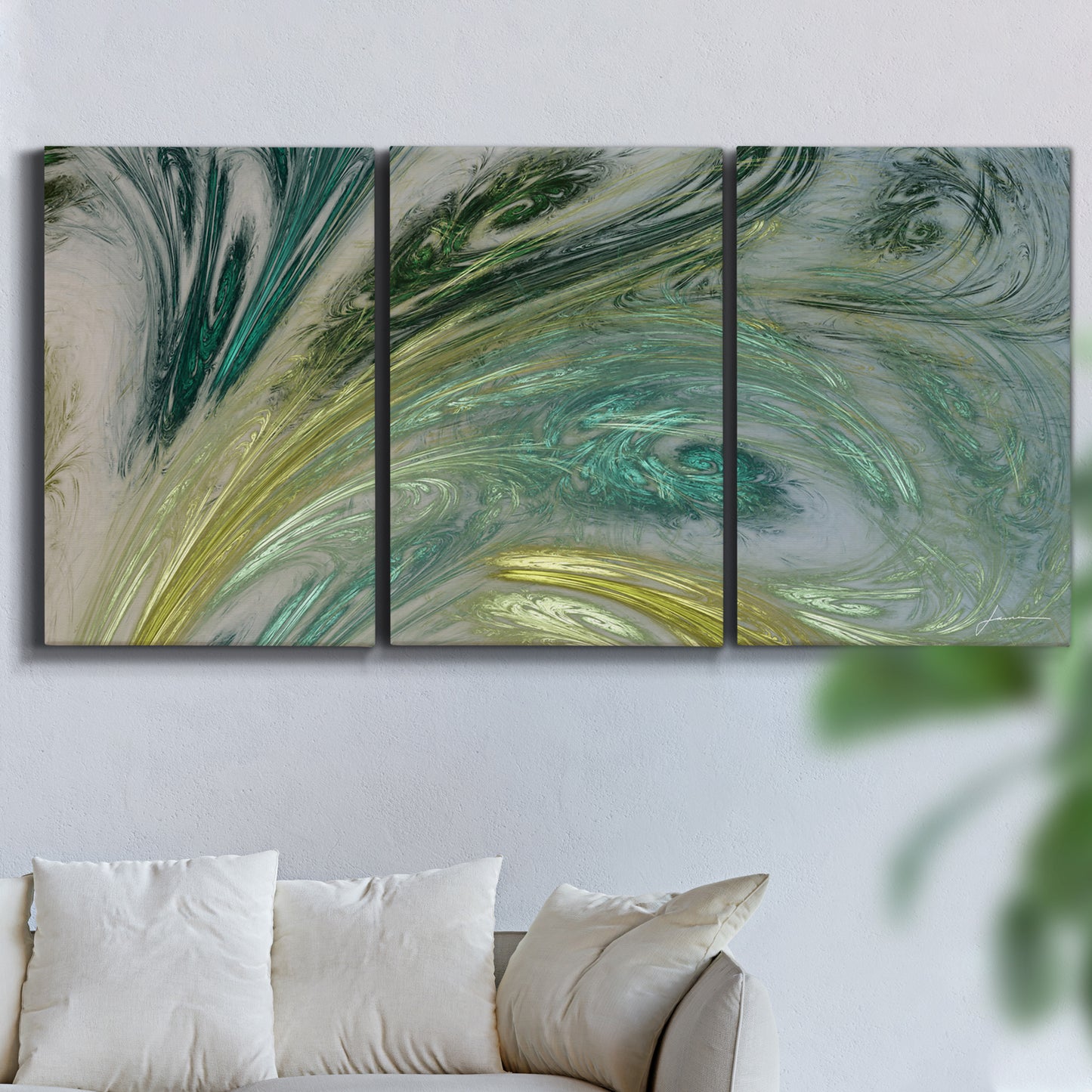 Three-panel canvas wall art featuring layered modern abstract landscape, displayed in a living room above a sofa.